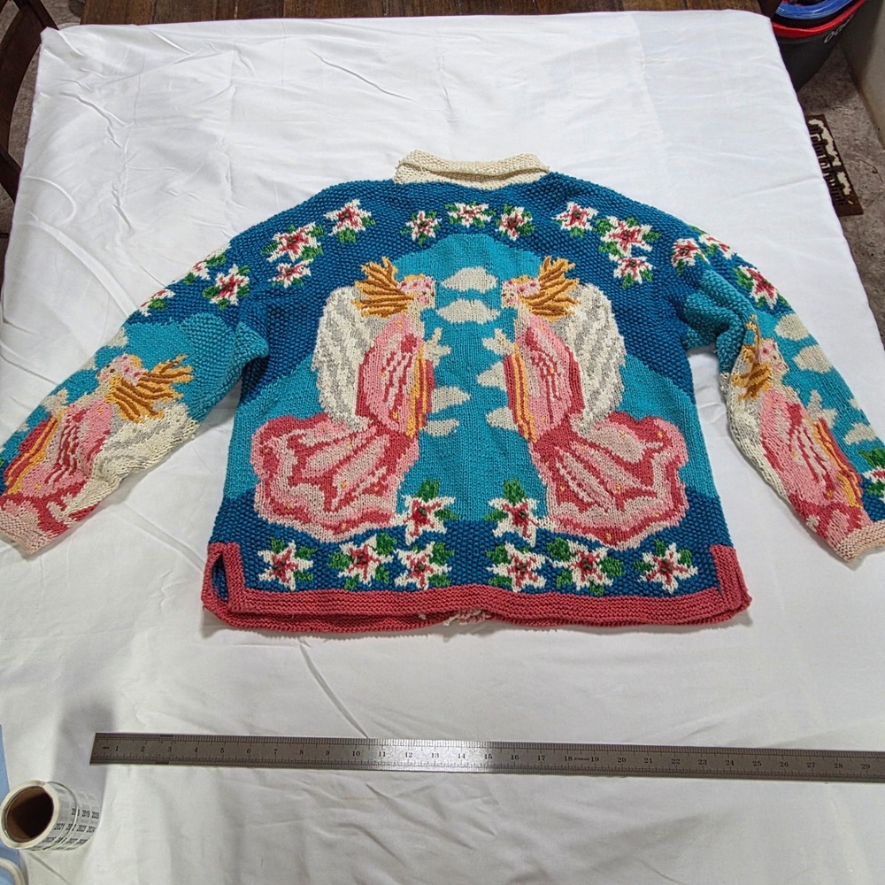 Raphels Vintage Hand Knitted Angel Cardigan Sweater Blue Pink Floral Cottagecore - Picture 3 of 5